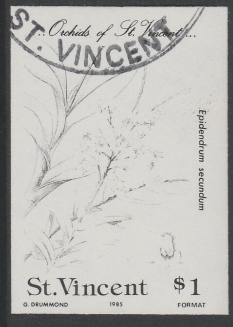 St Vincent 1985 Orchids $1 imperf proof in black only, fine used with part St Vincent cancellation, produced for a promotion. Ex Format International archives (as SG 852) , stamps on , stamps on  stamps on flowers, stamps on  stamps on orchids