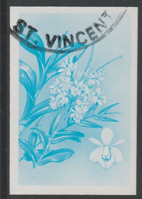 St Vincent 1985 Orchids $1 imperf proof in cyan only, fine used with part St Vincent cancellation, produced for a promotion. Ex Format International archives (as SG 852) , stamps on , stamps on  stamps on flowers, stamps on  stamps on orchids