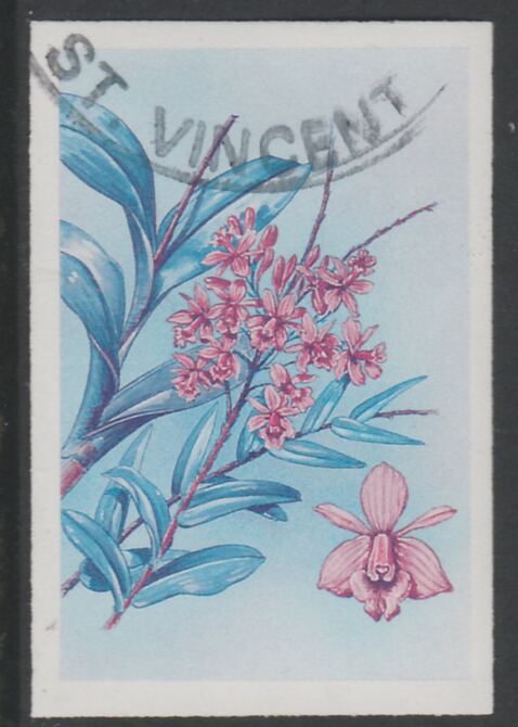 St Vincent 1985 Orchids $1 imperf proof in magenta & cyan only, fine used with part St Vincent cancellation, produced for a promotion. Ex Format International archives (as SG 852) , stamps on flowers, stamps on orchids