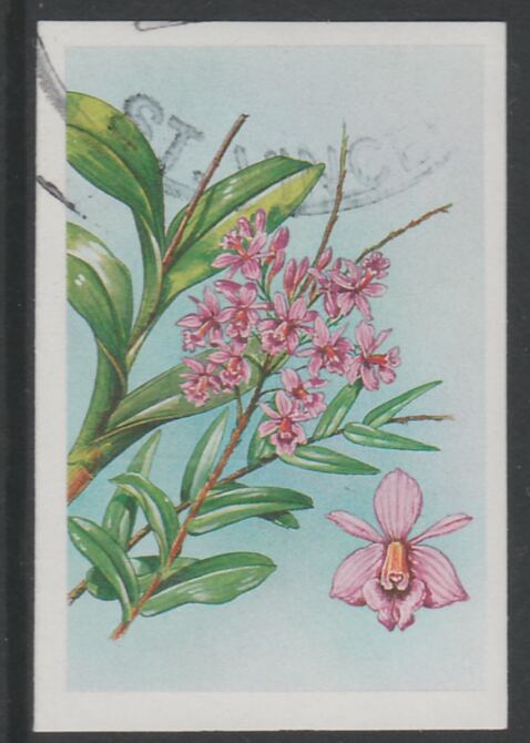 St Vincent 1985 Orchids $1 imperf proof in 3 colours only (yellow, magenta & cyan), fine used with part St Vincent cancellation, produced for a promotion. Ex Format Inter..., stamps on flowers, stamps on orchids