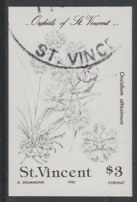 St Vincent 1985 Orchids $3 imperf proof in black only, fine used with part St Vincent cancellation, produced for a promotion. Ex Format International archives (as SG 853) , stamps on , stamps on  stamps on flowers, stamps on  stamps on orchids