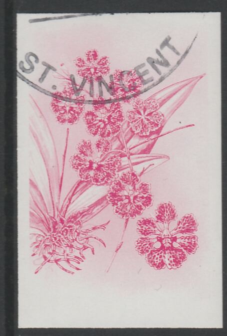 St Vincent 1985 Orchids $3 imperf proof in magenta only, fine used with part St Vincent cancellation, produced for a promotion. Ex Format International archives (as SG 853) , stamps on flowers, stamps on orchids