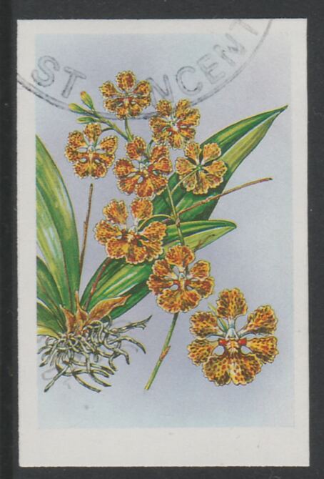 St Vincent 1985 Orchids $3 imperf proof in 3 colours only (yellow, magenta & cyan), fine used with part St Vincent cancellation, produced for a promotion. Ex Format Inter..., stamps on flowers, stamps on orchids