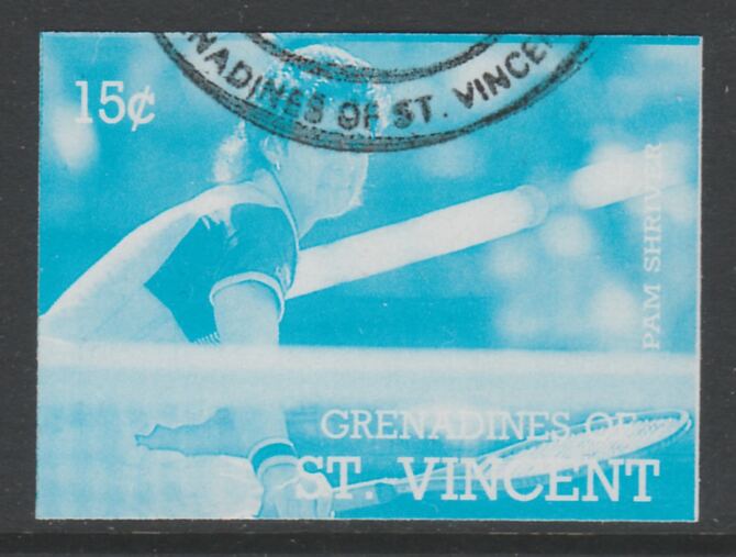 St Vincent - Grenadines 1988 International Tennis Players 15c Pam Shriver imperf proof in cyan only, fine used with part St Vincent Grenadines cancellation, produced for a promotion. Ex Format archives (as SG 582) , stamps on personalities, stamps on sport, stamps on tennis