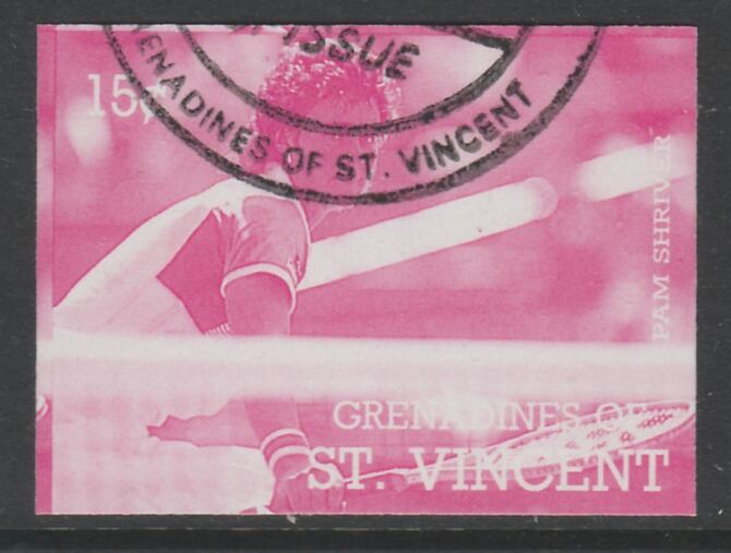 St Vincent - Grenadines 1988 International Tennis Players 15c Pam Shriver imperf proof in magenta only, fine used with part St Vincent Grenadines cancellation, produced for a promotion. Ex Format archives (as SG 582) , stamps on , stamps on  stamps on personalities, stamps on  stamps on sport, stamps on  stamps on tennis