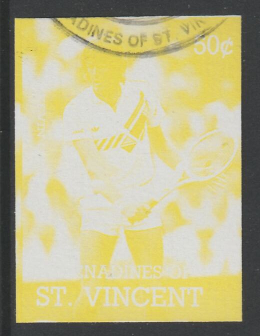 St Vincent - Grenadines 1988 International Tennis Players 50c Kevin Curran imperf proof in yellow only, fine used with part St Vincent Grenadines cancellation, produced for a promotion. Ex Format archives (as SG 583) , stamps on , stamps on  stamps on personalities, stamps on  stamps on sport, stamps on  stamps on tennis