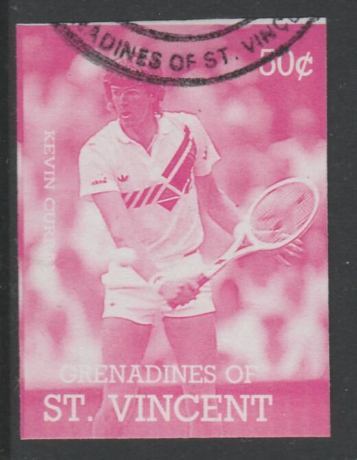 St Vincent - Grenadines 1988 International Tennis Players 50c Kevin Curran imperf proof in magenta only, fine used with part St Vincent Grenadines cancellation, produced for a promotion. Ex Format archives (as SG 583) , stamps on personalities, stamps on sport, stamps on tennis