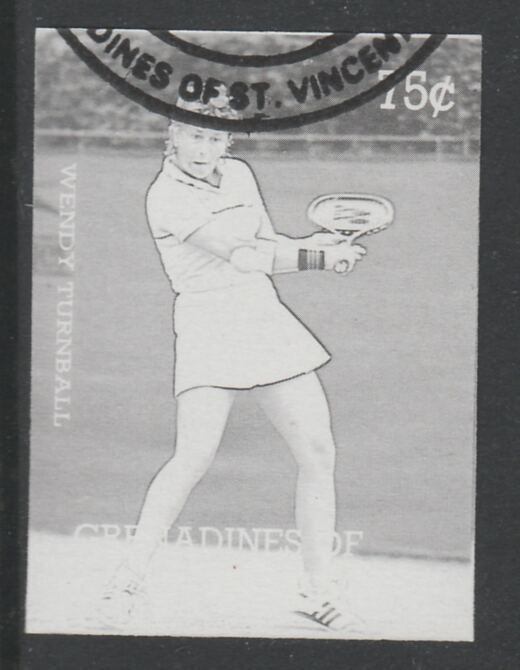 St Vincent - Grenadines 1988 International Tennis Players 75c Wendy Turnbull imperf proof in black only, fine used with part St Vincent Grenadines cancellation, produced for a promotion. Ex Format archives (as SG 584) , stamps on personalities, stamps on sport, stamps on tennis