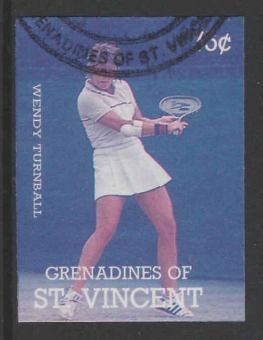 St Vincent - Grenadines 1988 International Tennis Players 75c Wendy Turnbull imperf proof in magenta& cyan only, fine used with part St Vincent Grenadines cancellation, produced for a promotion. Ex Format archives (as SG 584) , stamps on personalities, stamps on sport, stamps on tennis