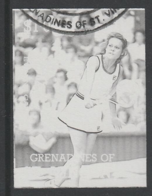 St Vincent - Grenadines 1988 International Tennis Players $1 Evonne Crawley imperf proof in black only, fine used with part St Vincent Grenadines cancellation, produced f..., stamps on personalities, stamps on sport, stamps on tennis