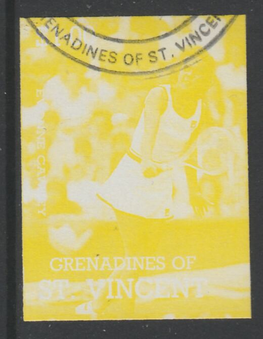 St Vincent - Grenadines 1988 International Tennis Players $1 Evonne Crawley imperf proof in yellow only, fine used with part St Vincent Grenadines cancellation, produced for a promotion. Ex Format archives (as SG 585) , stamps on personalities, stamps on sport, stamps on tennis