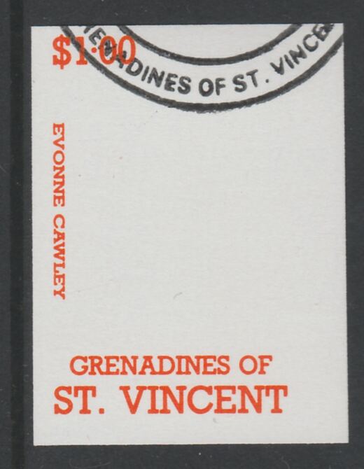 St Vincent - Grenadines 1988 International Tennis Players $1 Evonne Crawley imperf proof in orange only, fine used with part St Vincent Grenadines cancellation, produced for a promotion. Ex Format archives (as SG 585) , stamps on personalities, stamps on sport, stamps on tennis