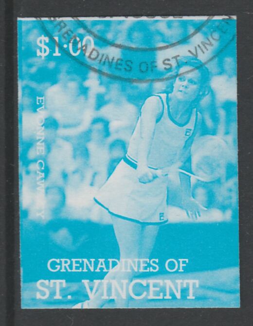 St Vincent - Grenadines 1988 International Tennis Players $1 Evonne Crawley imperf proof in cyan only, fine used with part St Vincent Grenadines cancellation, produced for a promotion. Ex Format archives (as SG 585) , stamps on , stamps on  stamps on personalities, stamps on  stamps on sport, stamps on  stamps on tennis