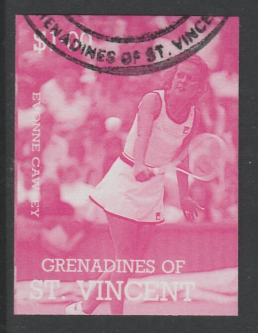 St Vincent - Grenadines 1988 International Tennis Players $1 Evonne Crawley imperf proof in magenta only, fine used with part St Vincent Grenadines cancellation, produced..., stamps on personalities, stamps on sport, stamps on tennis