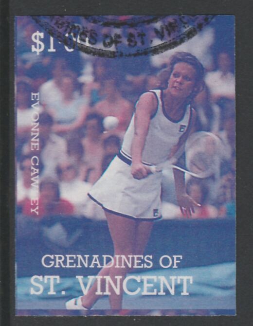 St Vincent - Grenadines 1988 International Tennis Players $1 Evonne Crawley imperf proof in magenta & cyan only, fine used with part St Vincent Grenadines cancellation, p..., stamps on personalities, stamps on sport, stamps on tennis