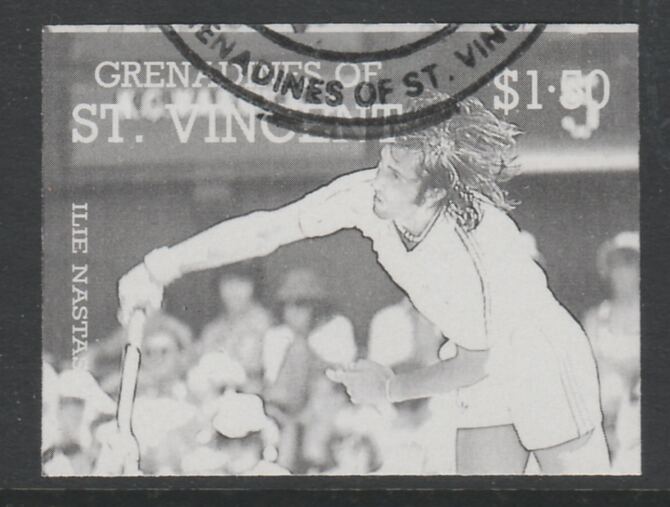 St Vincent - Grenadines 1988 International Tennis Players $1.50 Ilie Nastase imperf proof in black only, fine used with part St Vincent Grenadines cancellation, produced for a promotion. Ex Format archives (as SG 586) , stamps on personalities, stamps on sport, stamps on tennis