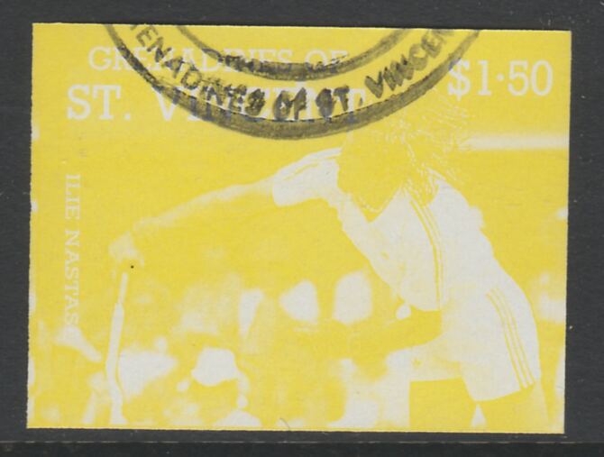 St Vincent - Grenadines 1988 International Tennis Players $1.50 Ilie Nastase imperf proof in yellow only, fine used with part St Vincent Grenadines cancellation, produced..., stamps on personalities, stamps on sport, stamps on tennis