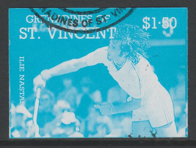 St Vincent - Grenadines 1988 International Tennis Players $1.50 Ilie Nastase imperf proof in cyan only, fine used with part St Vincent Grenadines cancellation, produced for a promotion. Ex Format archives (as SG 586) , stamps on , stamps on  stamps on personalities, stamps on  stamps on sport, stamps on  stamps on tennis