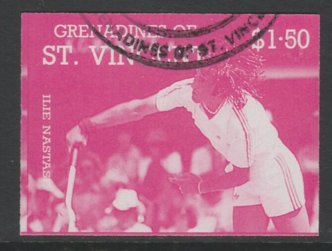 St Vincent - Grenadines 1988 International Tennis Players $1.50 Ilie Nastase imperf proof in magenta only, fine used with part St Vincent Grenadines cancellation, produced for a promotion. Ex Format archives (as SG 586) , stamps on personalities, stamps on sport, stamps on tennis