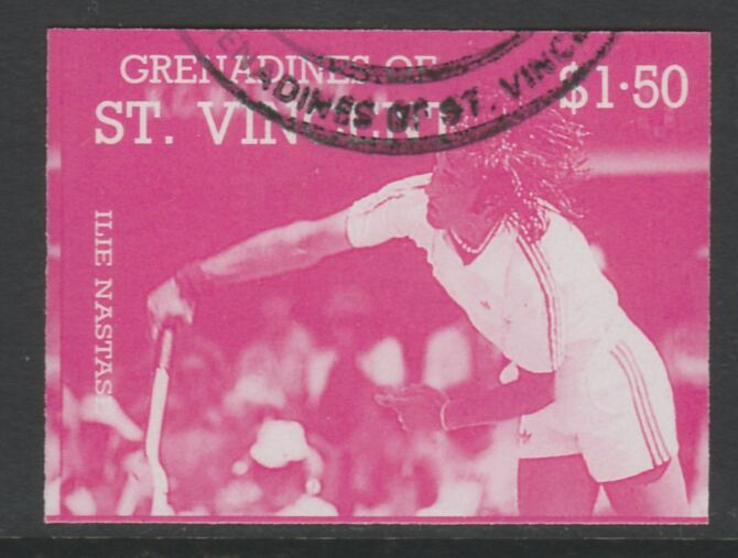 St Vincent - Grenadines 1988 International Tennis Players $1.50 Ilie Nastase imperf proof in magenta only, fine used with part St Vincent Grenadines cancellation, produced for a promotion. Ex Format archives (as SG 586) , stamps on , stamps on  stamps on personalities, stamps on  stamps on sport, stamps on  stamps on tennis