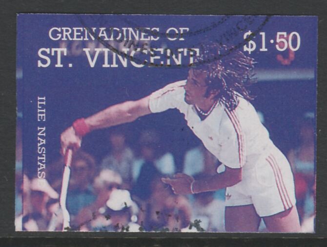 St Vincent - Grenadines 1988 International Tennis Players $1.50 Ilie Nastase imperf proof in magenta & cyan only, fine used with part St Vincent Grenadines cancellation, produced for a promotion. Ex Format archives (as SG 586) , stamps on , stamps on  stamps on personalities, stamps on  stamps on sport, stamps on  stamps on tennis