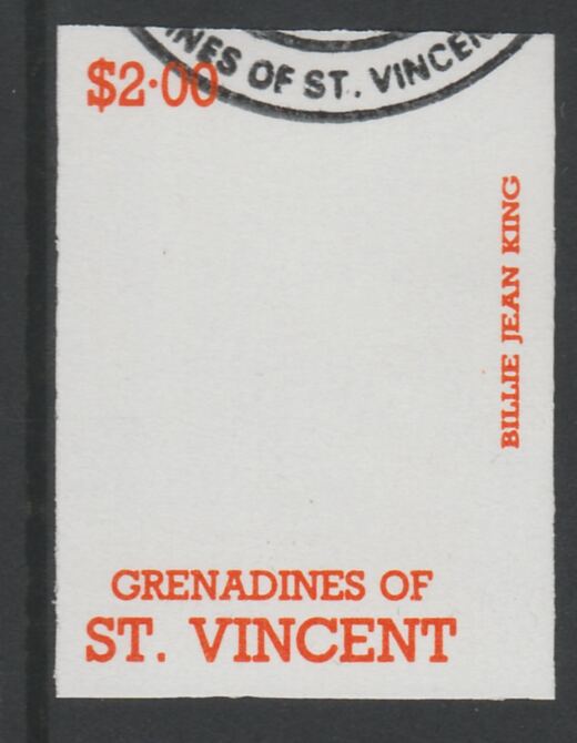 St Vincent - Grenadines 1988 International Tennis Players $2 Billie Jean King imperf proof in orange only, fine used with part St Vincent Grenadines cancellation, produced for a promotion. Ex Format archives (as SG 587) , stamps on , stamps on  stamps on personalities, stamps on  stamps on sport, stamps on  stamps on tennis