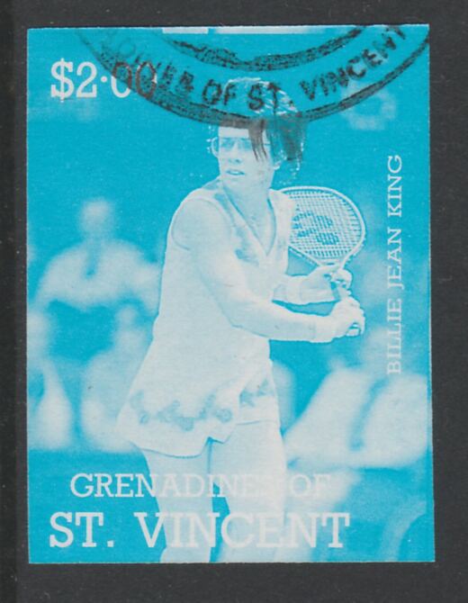 St Vincent - Grenadines 1988 International Tennis Players $2 Billie Jean King imperf proof in cyan only, fine used with part St Vincent Grenadines cancellation, produced for a promotion. Ex Format archives (as SG 587) , stamps on personalities, stamps on sport, stamps on tennis