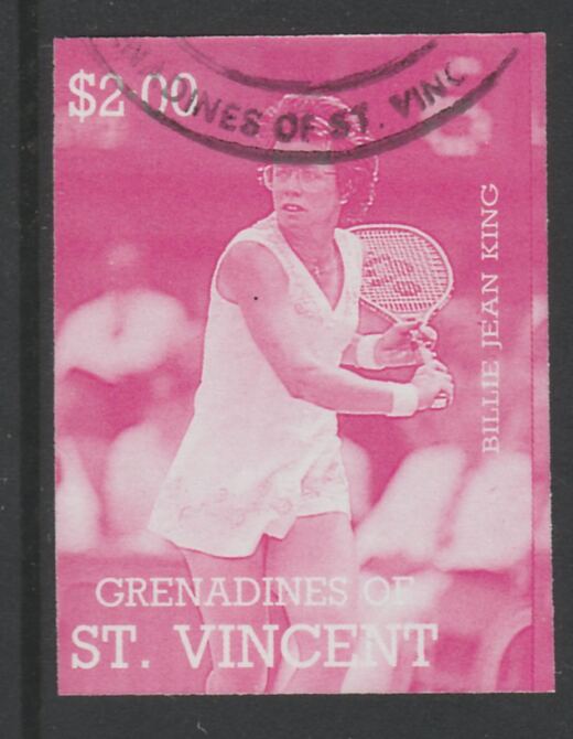 St Vincent - Grenadines 1988 International Tennis Players $2 Billie Jean King imperf proof in magenta only, fine used with part St Vincent Grenadines cancellation, produc..., stamps on personalities, stamps on sport, stamps on tennis