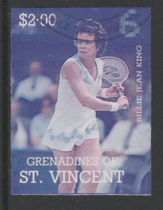 St Vincent - Grenadines 1988 International Tennis Players $2 Billie Jean King imperf proof in magenta & cyan only, fine used with part St Vincent Grenadines cancellation, produced for a promotion. Ex Format archives (as SG 587) , stamps on , stamps on  stamps on personalities, stamps on  stamps on sport, stamps on  stamps on tennis