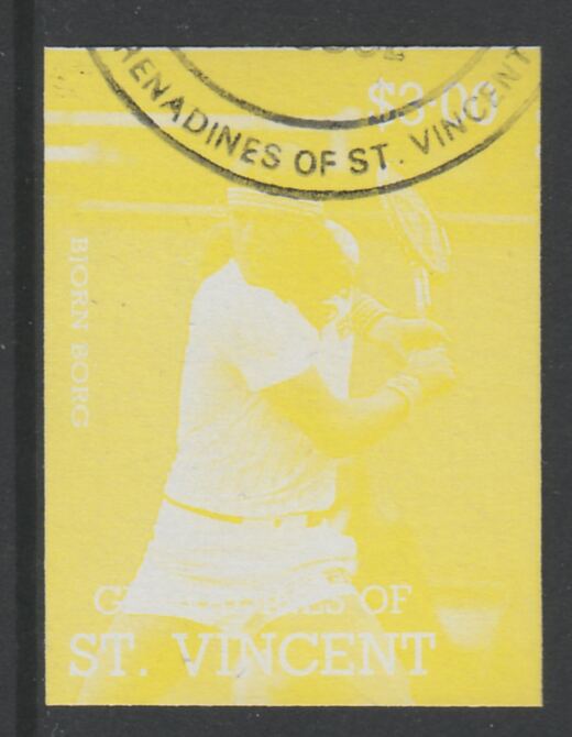 St Vincent - Grenadines 1988 International Tennis Players $3 Bjorn Borg imperf proof in yellow only, fine used with part St Vincent Grenadines cancellation, produced for a promotion. Ex Format archives (as SG 588) , stamps on personalities, stamps on sport, stamps on tennis