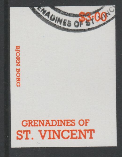 St Vincent - Grenadines 1988 International Tennis Players $3 Bjorn Borg imperf proof in orange only, fine used with part St Vincent Grenadines cancellation, produced for a promotion. Ex Format archives (as SG 588) , stamps on personalities, stamps on sport, stamps on tennis