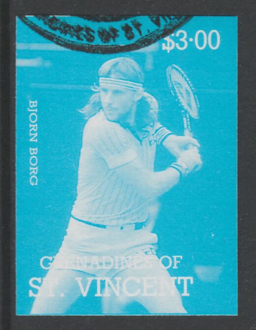 St Vincent - Grenadines 1988 International Tennis Players $3 Bjorn Borg imperf proof in cyan only, fine used with part St Vincent Grenadines cancellation, produced for a promotion. Ex Format archives (as SG 588) , stamps on personalities, stamps on sport, stamps on tennis