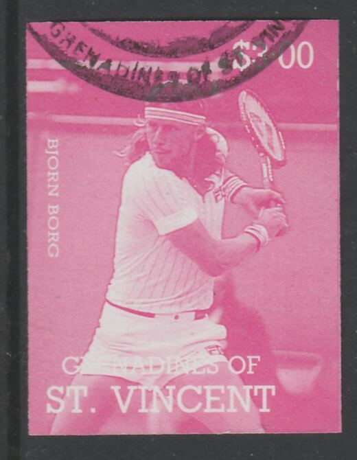 St Vincent - Grenadines 1988 International Tennis Players $3 Bjorn Borg imperf proof in magenta only, fine used with part St Vincent Grenadines cancellation, produced for a promotion. Ex Format archives (as SG 588) , stamps on personalities, stamps on sport, stamps on tennis