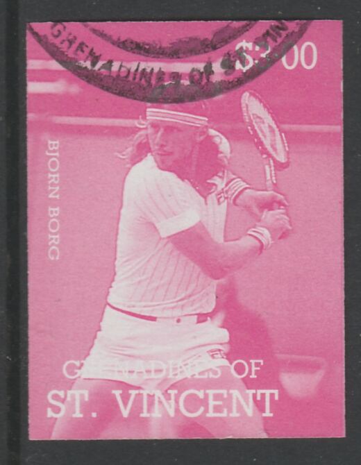 St Vincent - Grenadines 1988 International Tennis Players $3 Bjorn Borg imperf proof in magenta only, fine used with part St Vincent Grenadines cancellation, produced for..., stamps on personalities, stamps on sport, stamps on tennis