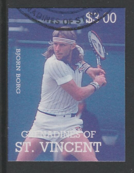 St Vincent - Grenadines 1988 International Tennis Players $3 Bjorn Borg imperf proof in magenta& cyan only, fine used with part St Vincent Grenadines cancellation, produc..., stamps on personalities, stamps on sport, stamps on tennis