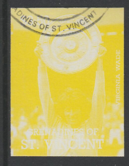 St Vincent - Grenadines 1988 International Tennis Players $3.50 Virginia Wade imperf proof in yellow only, fine used with part St Vincent Grenadines cancellation, produced for a promotion. Ex Format archives (as SG 589) , stamps on , stamps on  stamps on personalities, stamps on  stamps on sport, stamps on  stamps on tennis