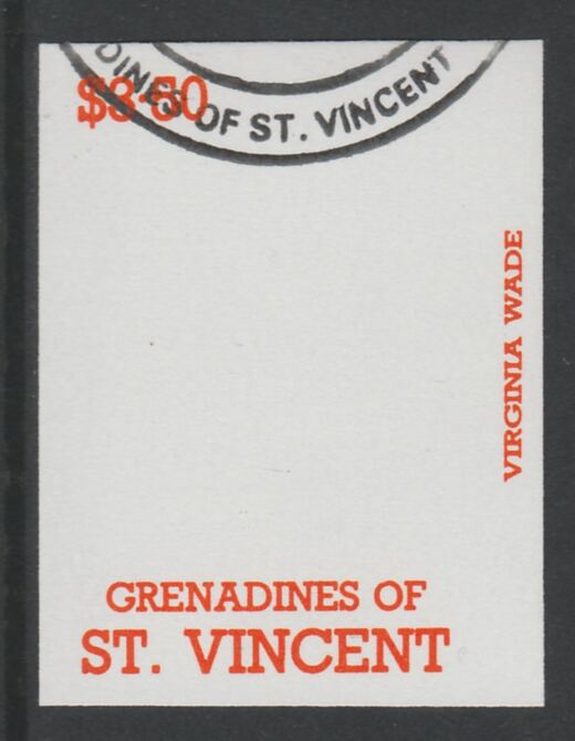 St Vincent - Grenadines 1988 International Tennis Players $3.50 Virginia Wade imperf proof in orange only, fine used with part St Vincent Grenadines cancellation, produced for a promotion. Ex Format archives (as SG 589) , stamps on , stamps on  stamps on personalities, stamps on  stamps on sport, stamps on  stamps on tennis