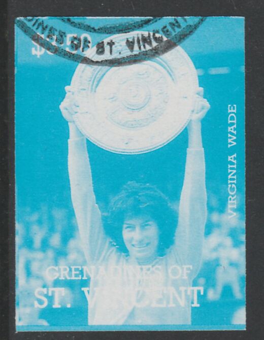 St Vincent - Grenadines 1988 International Tennis Players $3.50 Virginia Wade imperf proof in cyan only, fine used with part St Vincent Grenadines cancellation, produced ..., stamps on personalities, stamps on sport, stamps on tennis