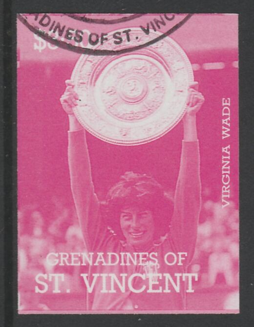 St Vincent - Grenadines 1988 International Tennis Players $3.50 Virginia Wade imperf proof in magenta only, fine used with part St Vincent Grenadines cancellation, produced for a promotion. Ex Format archives (as SG 589) , stamps on personalities, stamps on sport, stamps on tennis