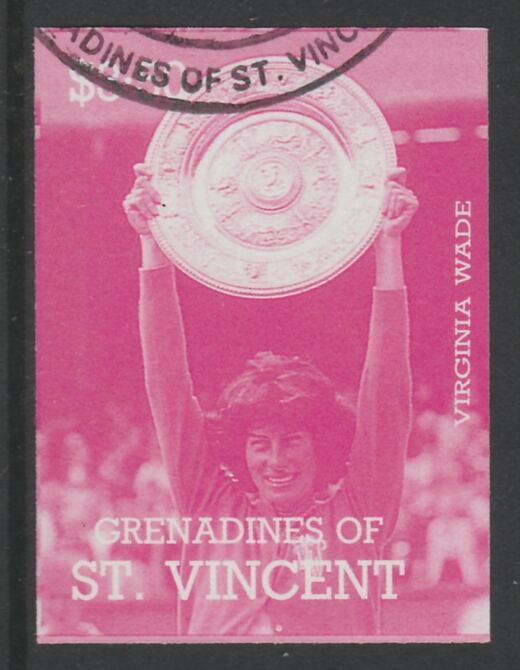 St Vincent - Grenadines 1988 International Tennis Players $3.50 Virginia Wade imperf proof in magenta only, fine used with part St Vincent Grenadines cancellation, produced for a promotion. Ex Format archives (as SG 589) , stamps on , stamps on  stamps on personalities, stamps on  stamps on sport, stamps on  stamps on tennis