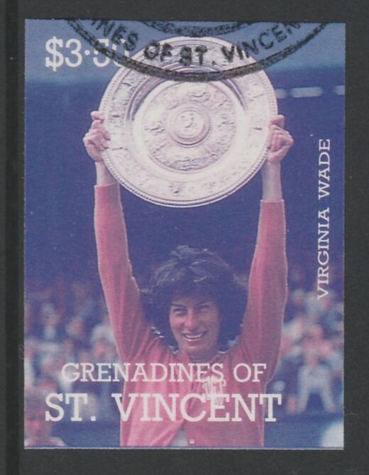 St Vincent - Grenadines 1988 International Tennis Players $3.50 Virginia Wade imperf proof in magenta & cyan only, fine used with part St Vincent Grenadines cancellation, produced for a promotion. Ex Format archives (as SG 589) , stamps on personalities, stamps on sport, stamps on tennis