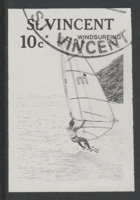 St Vincent 1988 Tourism 10c Windsurfing imperf proof in black only, fine used with part St Vincent cancellation, produced for a promotion. Ex Format International archives (as SG 1133) , stamps on tourism, stamps on sport, stamps on windsurfing