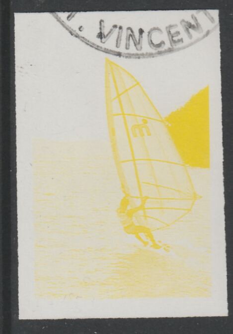 St Vincent 1988 Tourism 10c Windsurfing imperf proof in yellow only, fine used with part St Vincent cancellation, produced for a promotion. Ex Format International archiv..., stamps on tourism, stamps on sport, stamps on windsurfing