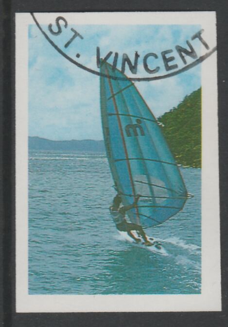 St Vincent 1988 Tourism 10c Windsurfing imperf proof in 3 colours only (magenta, cyan & yellow), fine used with part St Vincent cancellation, produced for a promotion. Ex Format International archives (as SG 1133) , stamps on tourism, stamps on sport, stamps on windsurfing