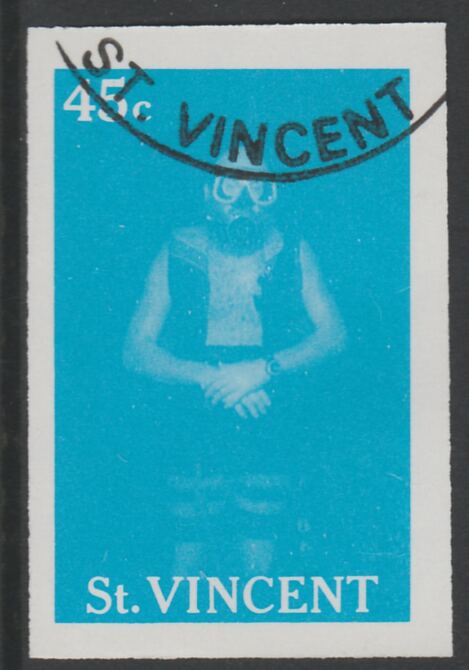St Vincent 1988 Tourism 45c Scuba Diving imperf proof in cyan only, fine used with part St Vincent cancellation, produced for a promotion. Ex Format International archive..., stamps on tourism, stamps on scuba, stamps on diving