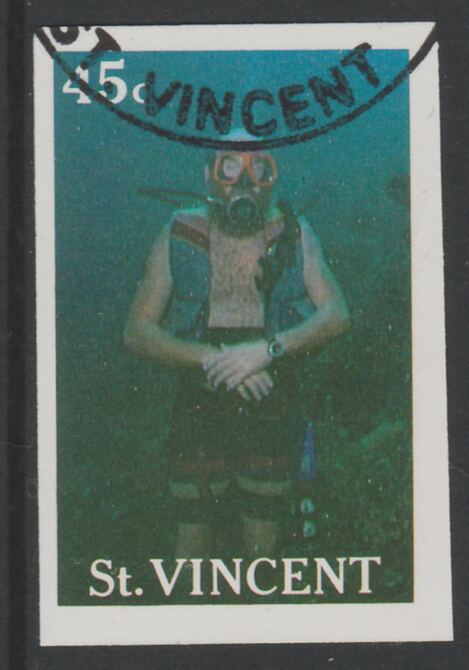 St Vincent 1988 Tourism 45c Scuba Diving imperf proof in 3 colours only (magenta, cyan & yellow), fine used with part St Vincent cancellation, produced for a promotion. Ex Format International archives (as SG 1134) 