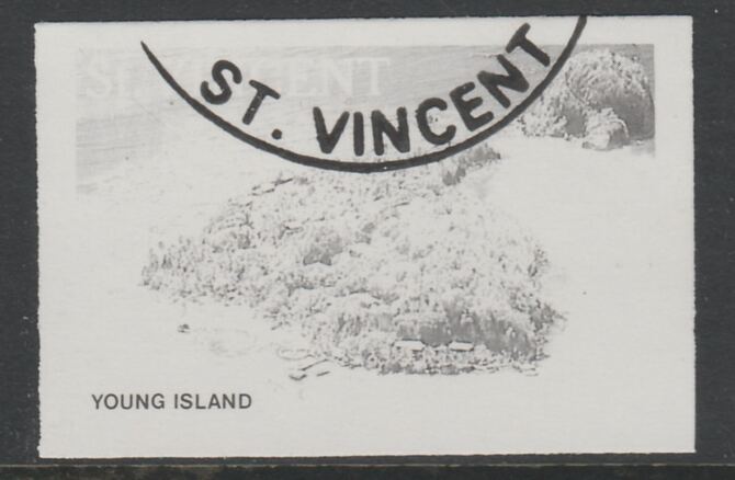 St Vincent 1988 Tourism 65c Aerial View of Young Island imperf proof in black only, fine used with part St Vincent cancellation, produced for a promotion. Ex Format Inter..., stamps on tourism, stamps on 