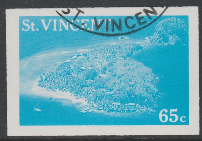 St Vincent 1988 Tourism 65c Aerial View of Young Island imperf proof in cyan only, fine used with part St Vincent cancellation, produced for a promotion. Ex Format International archives (as SG 1135) , stamps on tourism, stamps on 