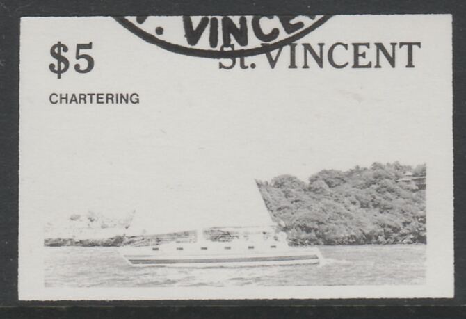 St Vincent 1988 Tourism $5 Cruising Yacht imperf proof in black only, fine used with part St Vincent cancellation, produced for a promotion. Ex Format International archives (as SG 1136) , stamps on , stamps on  stamps on tourism, stamps on  stamps on sailing, stamps on  stamps on yachts