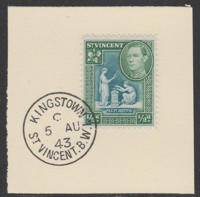 St Vincent 1938 KG6 Pictorial definitive 1/2d SG 149 on piece with full strike of Madame Joseph forged postmark type 372, stamps on , stamps on  kg6 , stamps on forgery